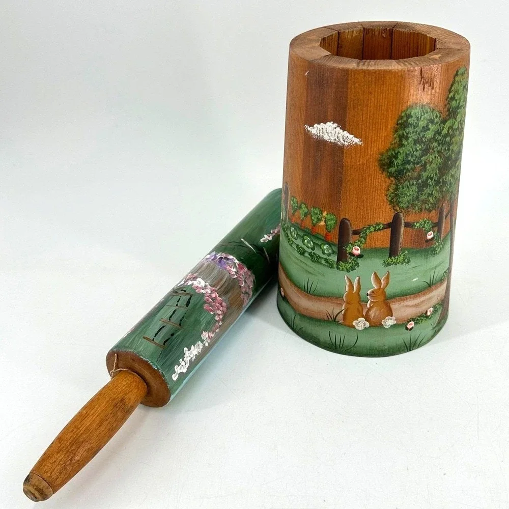 Handpainted Wooden Rolling Pin and Crock Set Country Farmhouse‎ Folk Art Bunnies